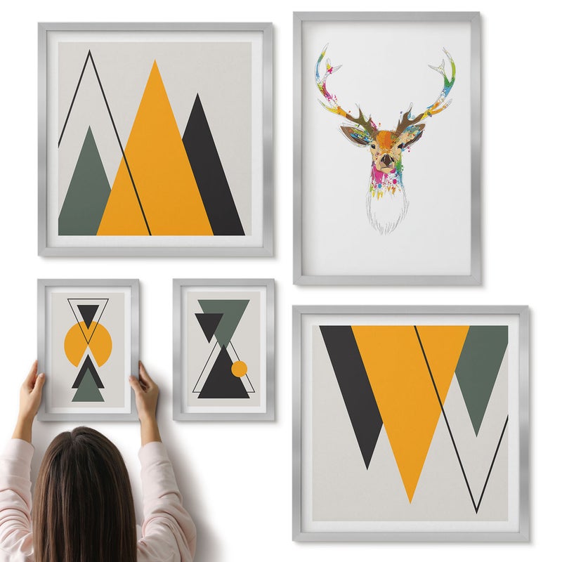 Galeria ścienna 5-częściowy komplet obrazów w srebrnych ramach - Styl boho z kolorowymi motywami zwierzęcymi i geometrycznymi - ArtPrintCave