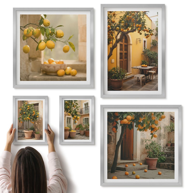 Galeria ścienna 5-częściowy komplet obrazów w srebrnych ramach - Owoce cytrusowe w urokliwych zakątkach ogrodu - ArtPrintCave