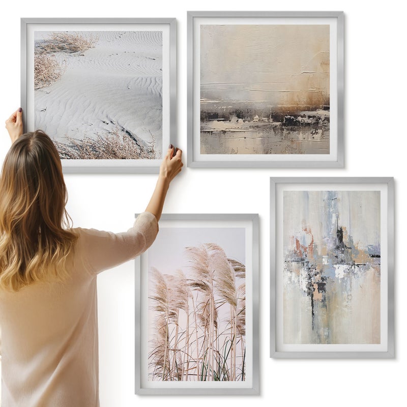 Galeria ścienna 4-częściowy komplet obrazów w srebrnych ramach - Roślinność naturalna abstrakcyjne wzory w stonowanej kolorystyce - ArtPrintCave