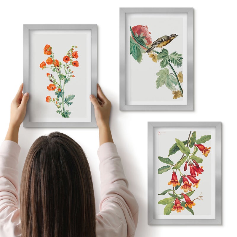Galeria ścienna 3-częściowy komplet obrazów w srebrnych ramach - Malowane kwiaty retro i ptak na gałęzi - ArtPrintCave
