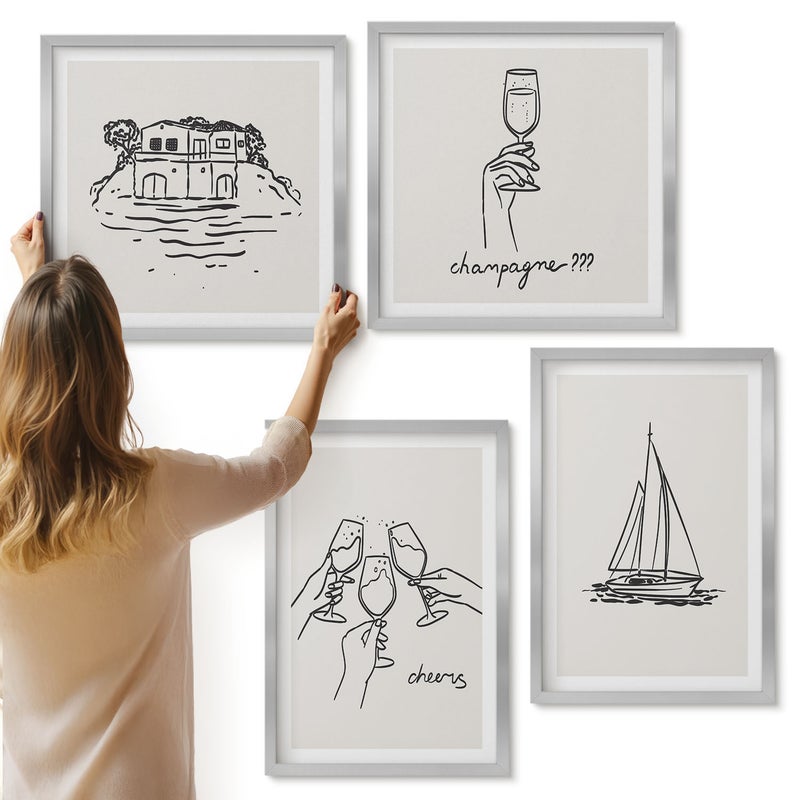 Galeria ścienna 4-częściowy komplet obrazów w srebrnych ramach - Widoki na dom nad wodą toast z kieliszkami żaglówka - ArtPrintCave