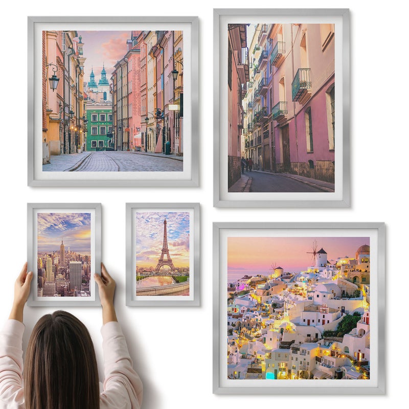 Galeria ścienna 5-częściowy komplet obrazów w srebrnych ramach - Urokliwe miasta i malownicze widoki europejskie - ArtPrintCave