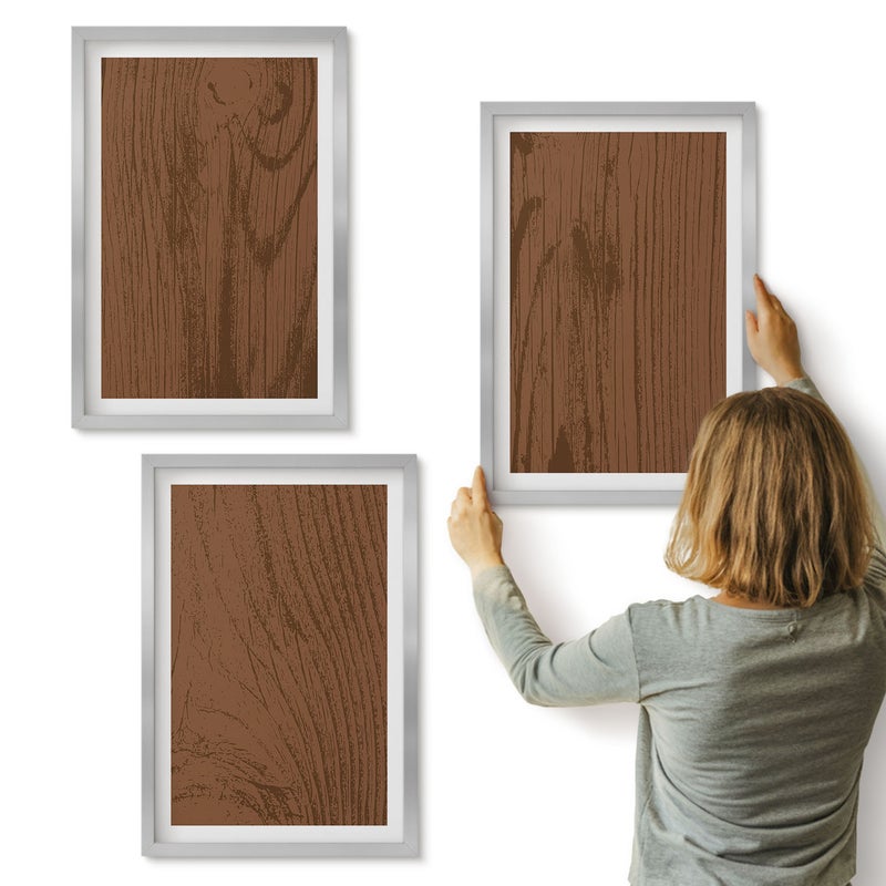 Galeria ścienna 3-częściowy komplet obrazów w srebrnych ramach - Wzór drewna tekstura kory drzewa minimalizm - ArtPrintCave