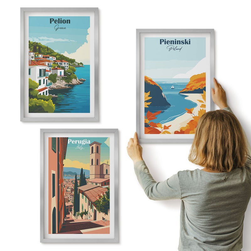 Galeria ścienna 3-częściowy komplet obrazów w srebrnych ramach - Malownicze krajobrazy w retro stylu - ArtPrintCave