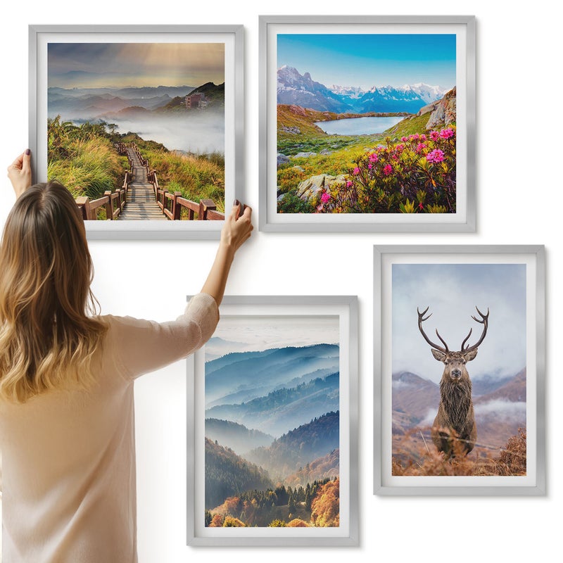 Galeria ścienna 4-częściowy komplet obrazów w srebrnych ramach - Górskie krajobrazy z jeziorem i jeleniem w naturze - ArtPrintCave
