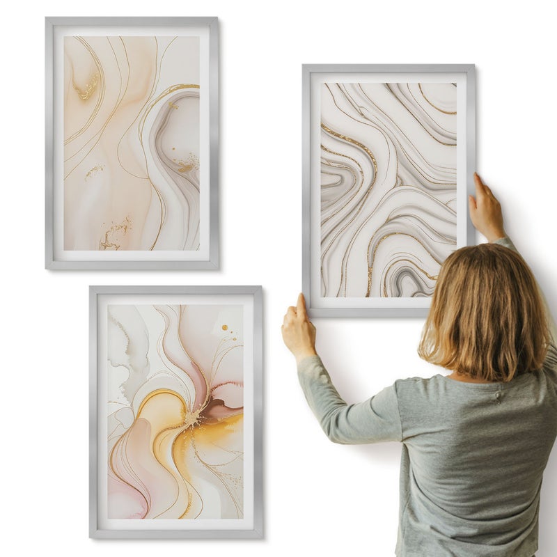 Galeria ścienna 3-częściowy komplet obrazów w srebrnych ramach - Abstrakcyjne ciepłe wzory eleganckie motywy - ArtPrintCave