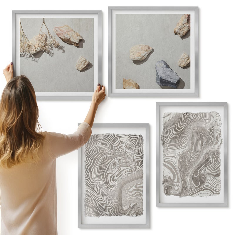 Galeria ścienna 4-częściowy komplet obrazów w srebrnych ramach - Nowoczesne kształty malarstwo abstrakcyjne - ArtPrintCave