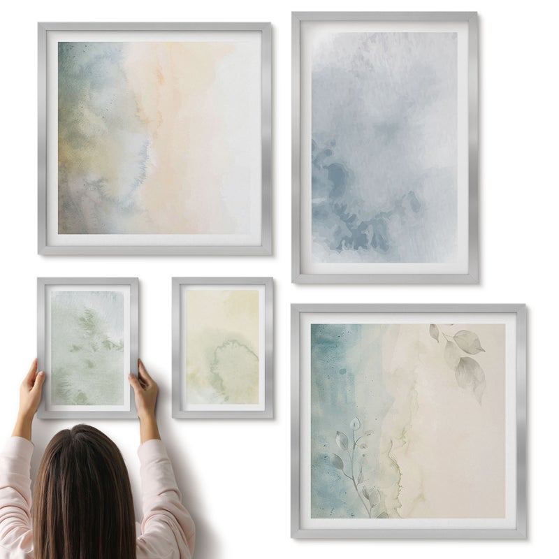 Galeria ścienna 5-częściowy komplet obrazów w srebrnych ramach - Pastelolwe farby akwarelowe na płótnie tekstury - ArtPrintCave