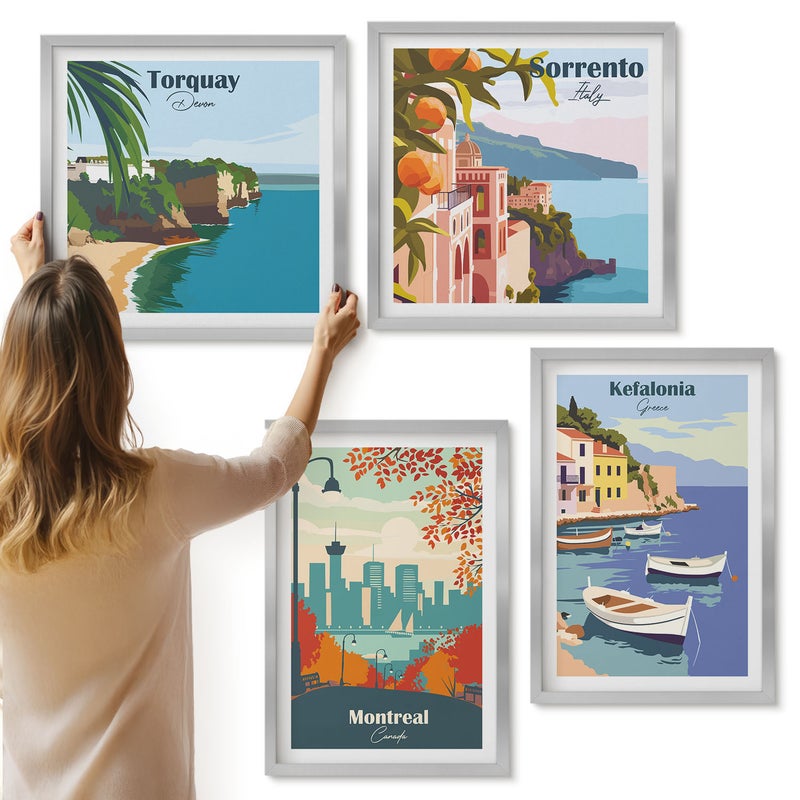 Galeria ścienna 4-częściowy komplet obrazów w srebrnych ramach - Retro widoki miast i krajobrazów ze świata - ArtPrintCave