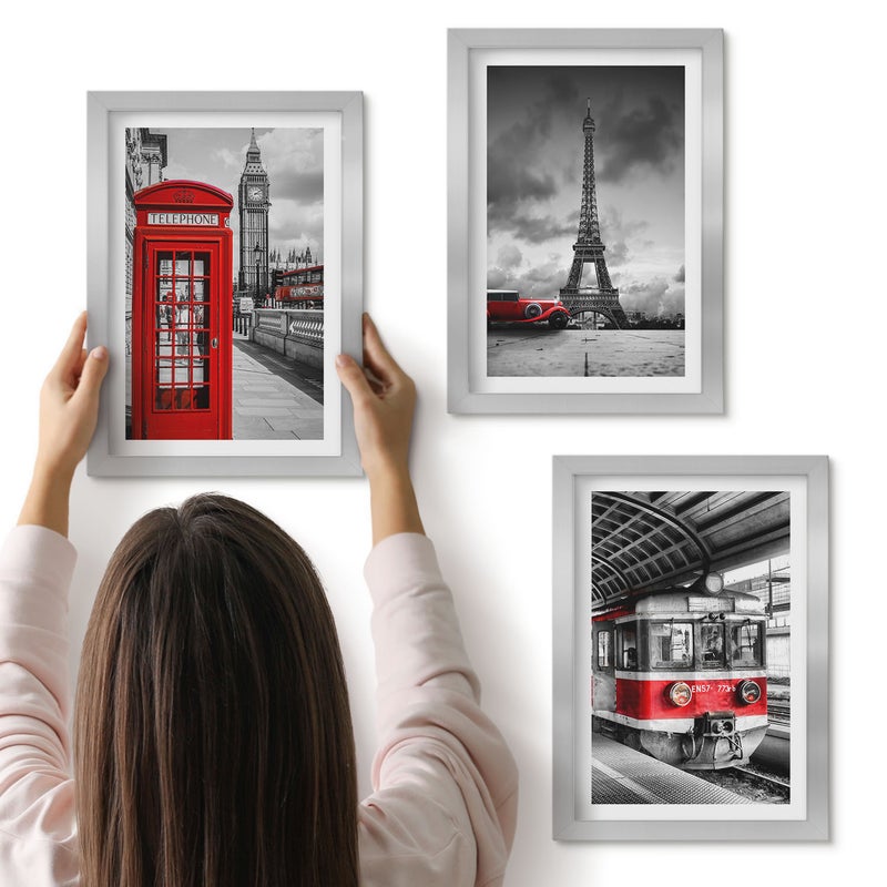 Galeria ścienna 3-częściowy komplet obrazów w srebrnych ramach - Ikony miast Londyn Paryż i transport kolejowy - ArtPrintCave