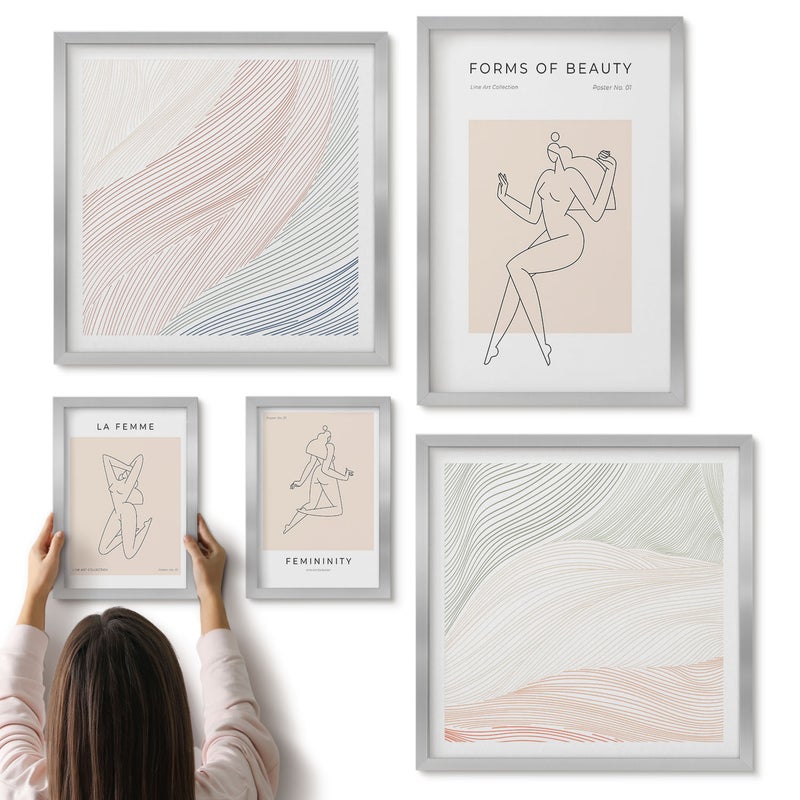 Galeria ścienna 5-częściowy komplet obrazów w srebrnych ramach - Formy piękna linie i sylwetki w minimalistycznym stylu - ArtPrintCave