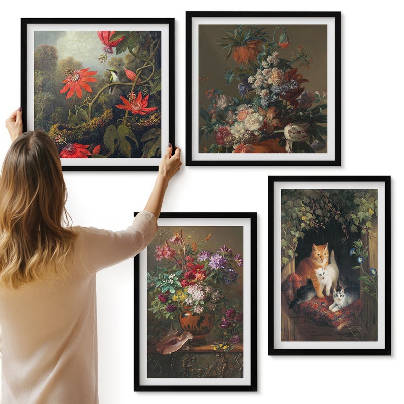 Galeria ścienna 4-częściowy komplet obrazów w czarnych ramach - Vintage kwiaty koty i rośliny w naturze - ArtPrintCave