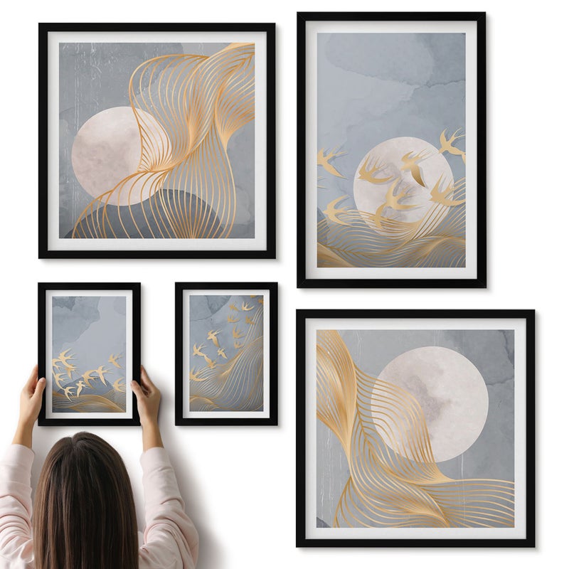Galeria ścienna 5-częściowy komplet obrazów w czarnych ramach - Harmonia natury w delikatnych odcieniach i motywach - ArtPrintCave