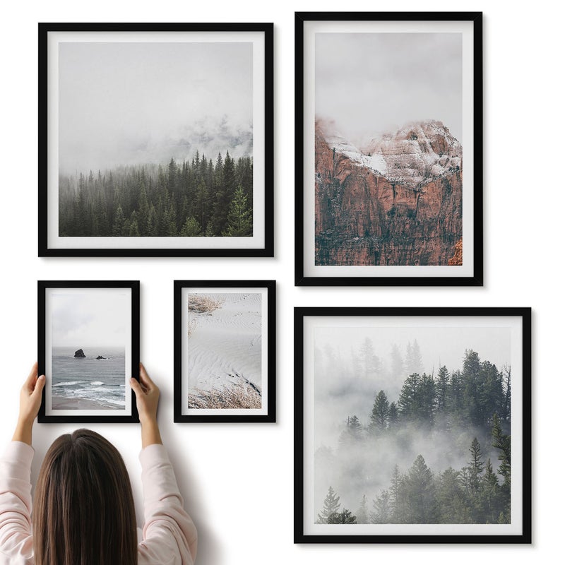 Galeria ścienna 5-częściowy komplet obrazów w czarnych ramach - Naturalne krajobrazy góry lasy i wybrzeża w chmurach - ArtPrintCave
