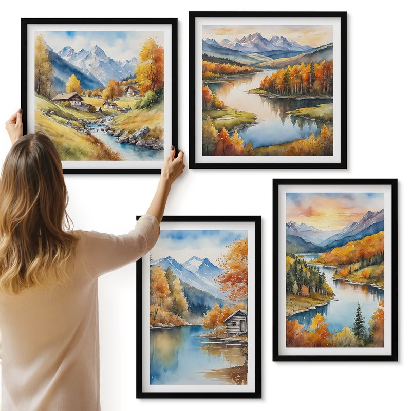 Galeria ścienna 4-częściowy komplet obrazów w czarnych ramach - Jesienne krajobrazy górskie z rzeką i domkiem nad wodą - ArtPrintCave