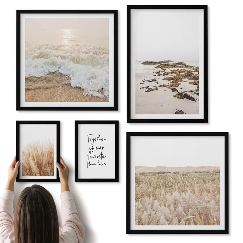 Galeria ścienna 5-częściowy komplet obrazów w czarnych ramach - Naturalne krajobrazy plażowe z motywem przyrody i cytatem - ArtPrintCave