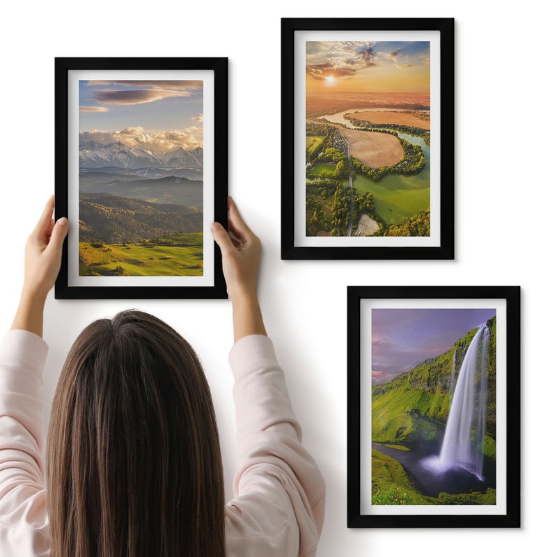 Galeria ścienna 3-częściowy komplet obrazów w czarnych ramach - Widoki górskie rzeki i wodospadu w naturze - ArtPrintCave