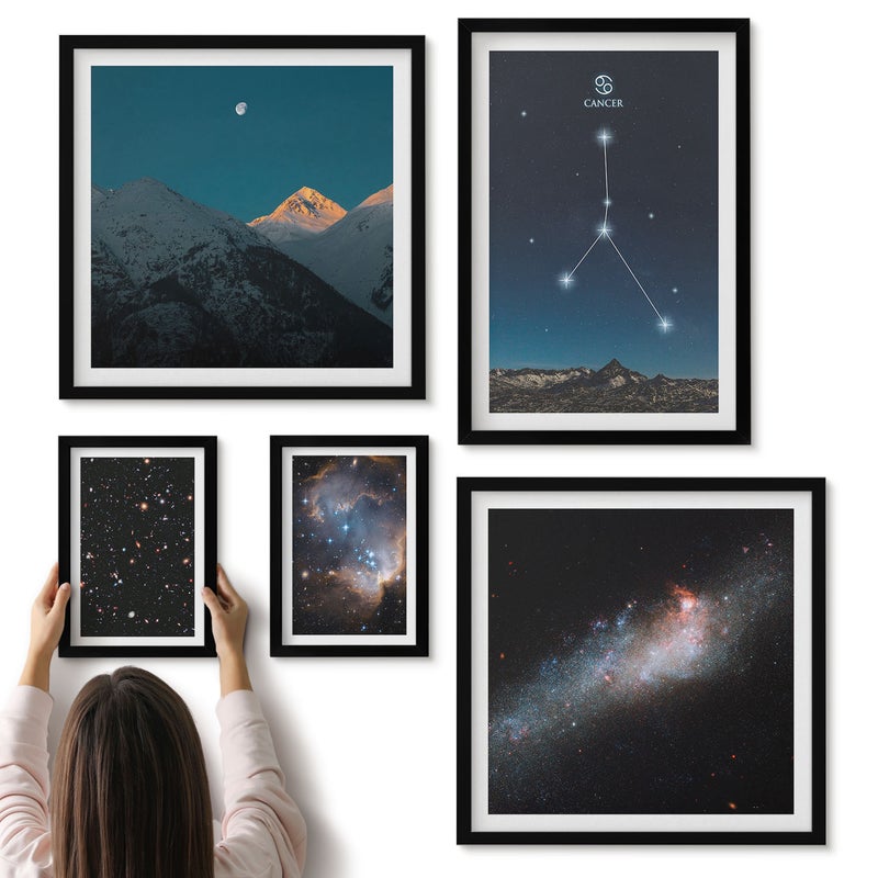 Galeria ścienna 5-częściowy komplet obrazów w czarnych ramach - Kosmiczne motywy nocnego nieba i konstelacji gwiazd - ArtPrintCave