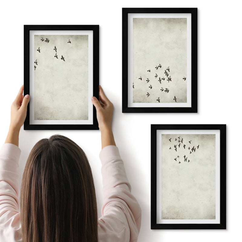 Galeria ścienna 3-częściowy komplet obrazów w czarnych ramach - Minimalistyczny malunek lecących ptaków - ArtPrintCave