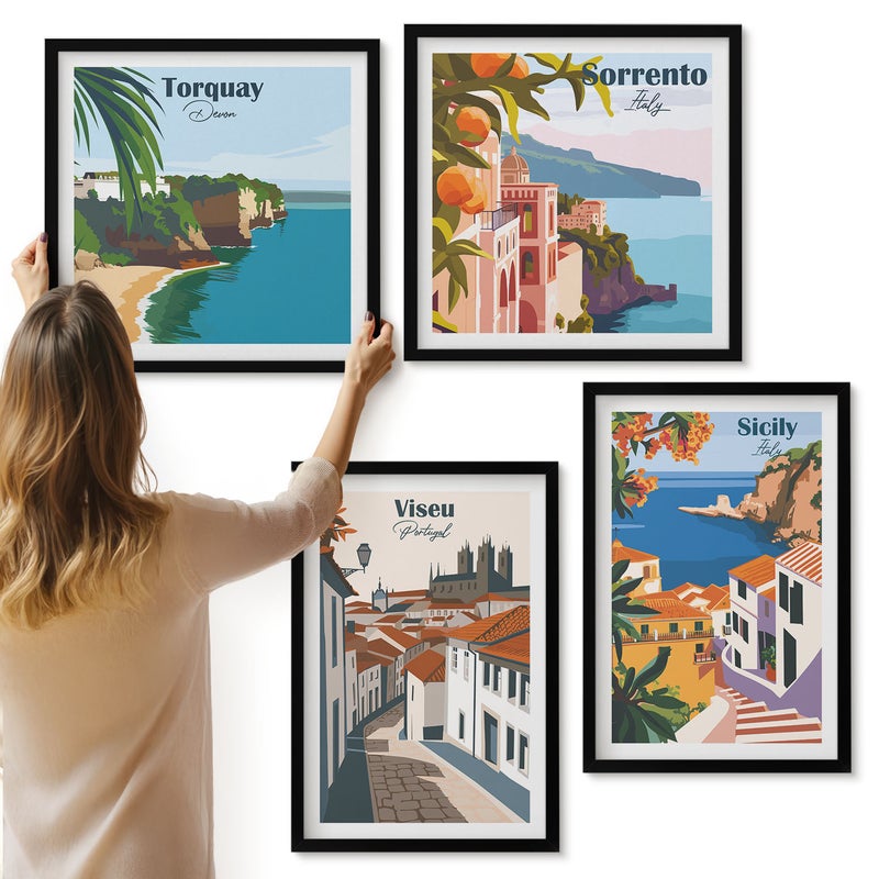 Galeria ścienna 4-częściowy komplet obrazów w czarnych ramach - Retro ilustracje znanych miast świata - ArtPrintCave