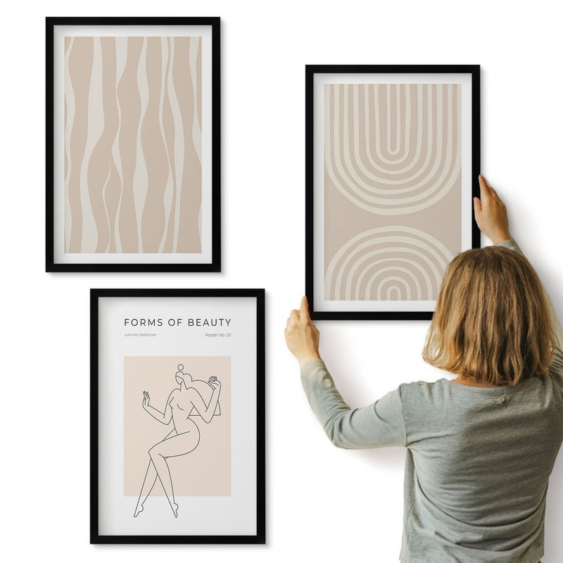 Galeria ścienna 3-częściowy komplet obrazów w czarnych ramach - Abstrakcyjne wzory delikatne boho dekoracje - ArtPrintCave