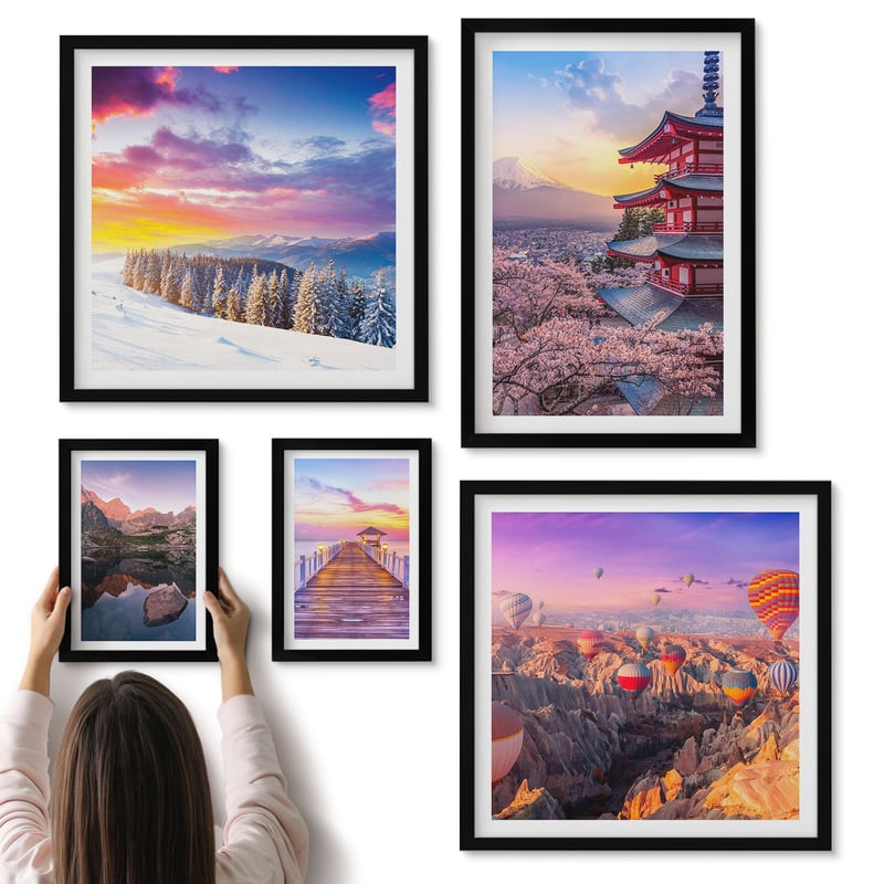 Galeria ścienna 5-częściowy komplet obrazów w czarnych ramach - Krajobrazy azjatyckie z górami i kwitnącymi drzewami - ArtPrintCave