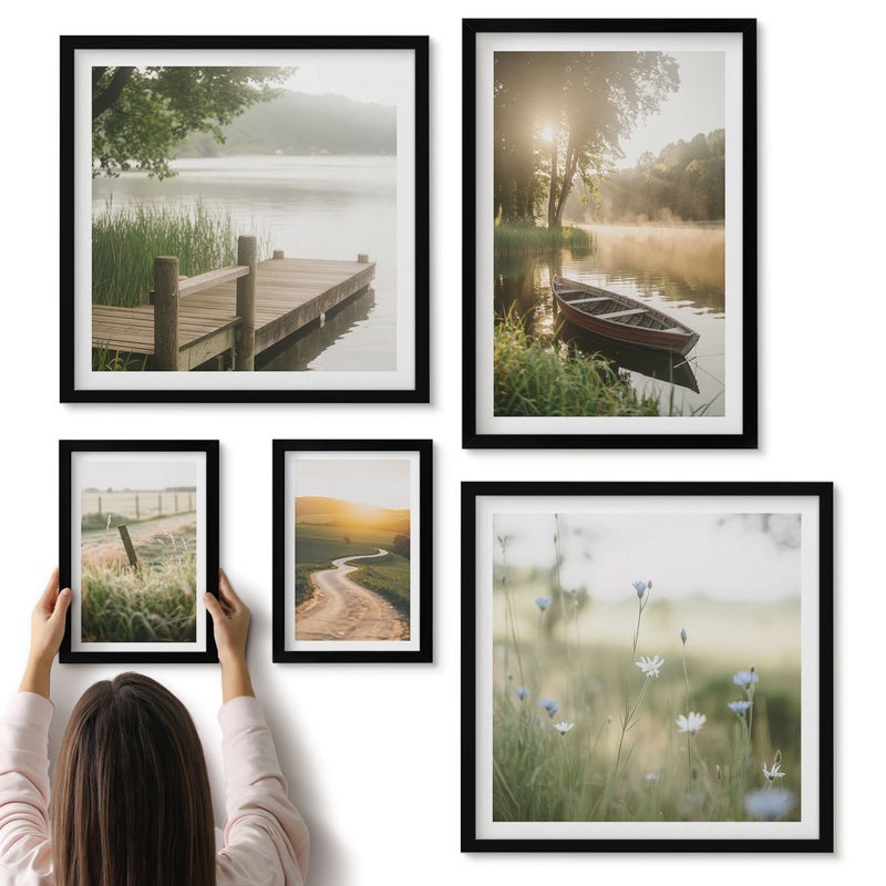 Galeria ścienna 5-częściowy komplet obrazów w czarnych ramach - Spokojne krajobrazy natury z wodą i zielenią - ArtPrintCave