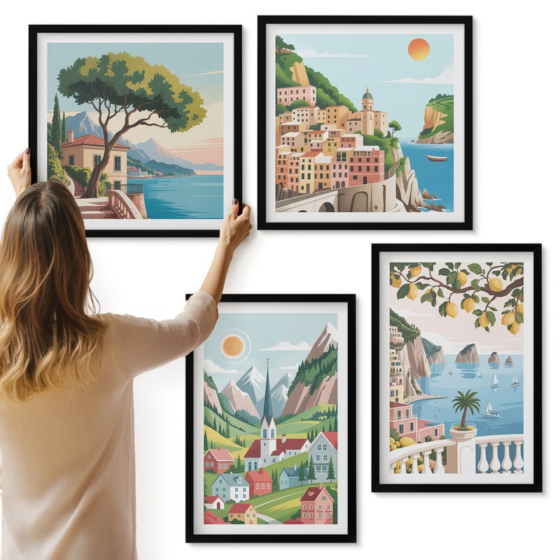 Galeria ścienna 4-częściowy komplet obrazów w czarnych ramach - Malownicze krajobrazy z morzem i cytrusami - ArtPrintCave