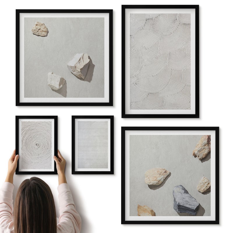 Galeria ścienna 5-częściowy komplet obrazów w czarnych ramach - Geometryczne tektury i kamienie na piasku nowoczesne wzory - ArtPrintCave