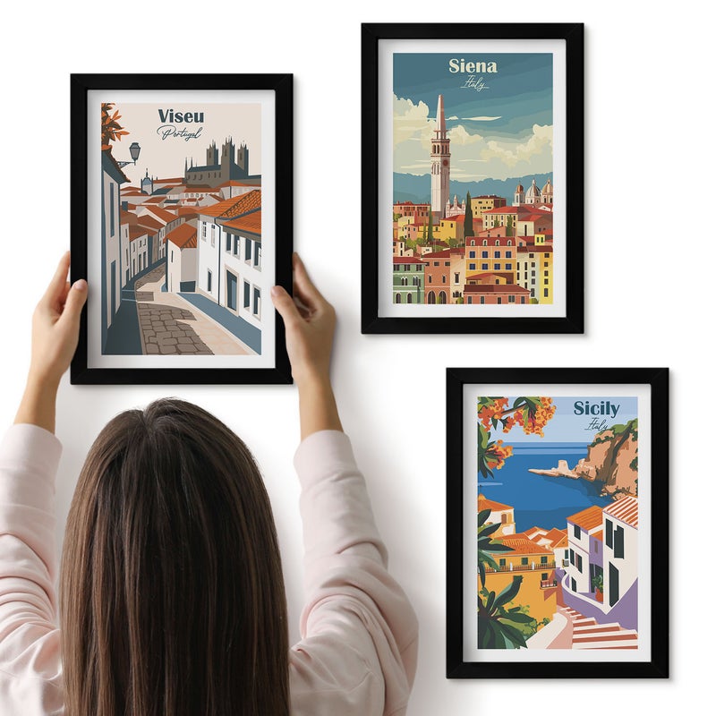 Galeria ścienna 3-częściowy komplet obrazów w czarnych ramach - Retro ilustracje znanych miast świata - ArtPrintCave