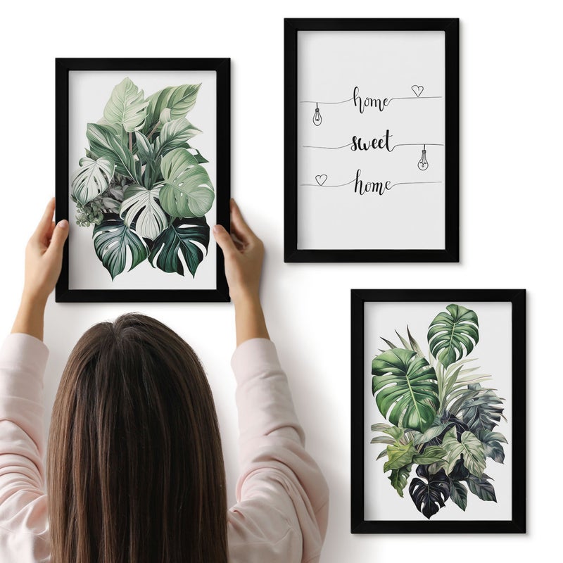 Galeria ścienna 3-częściowy komplet obrazów w czarnych ramach - Akwarelowe liście monstery home sweet home - ArtPrintCave