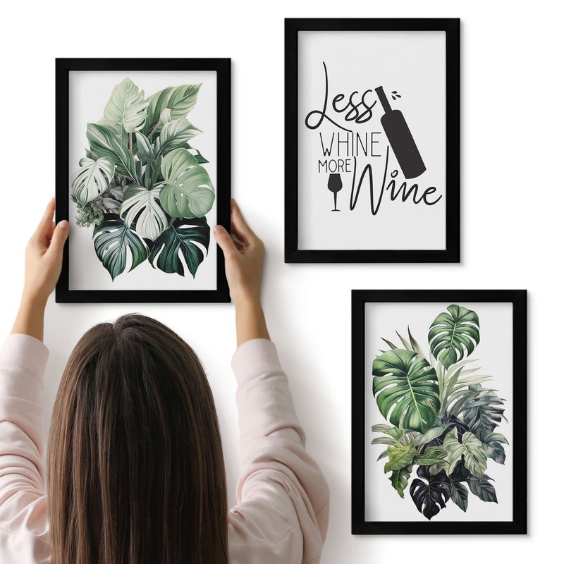 Galeria ścienna 3-częściowy komplet obrazów w czarnych ramach - Liście roślin w zielonych odcieniach z napisem o winie - ArtPrintCave