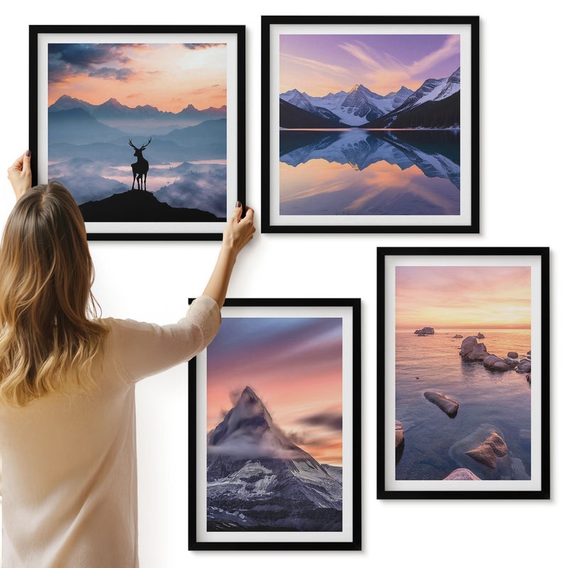 Galeria ścienna 4-częściowy komplet obrazów w czarnych ramach - Krajobrazy góry jeziora jeleń i zachód słońca - ArtPrintCave