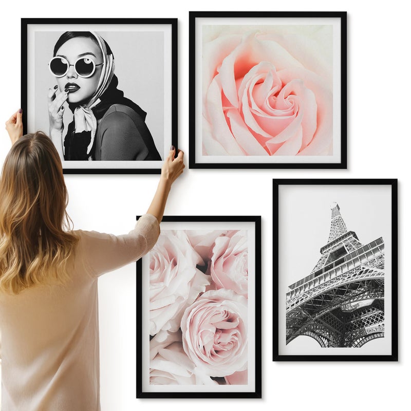 Galeria ścienna 4-częściowy komplet obrazów w czarnych ramach - Róże modny portret kobiety wieża Eiffla w Paryżu - ArtPrintCave