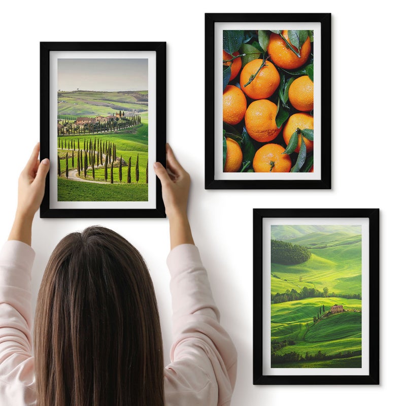 Galeria ścienna 3-częściowy komplet obrazów w czarnych ramach - Krajobraz włoskiej wsi z pomarańczami i naturą - ArtPrintCave
