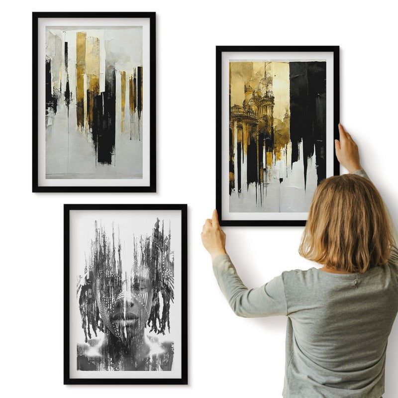 Galeria ścienna 3-częściowy komplet obrazów w czarnych ramach - Kontrastujące abstrakcje z portretem i architekturą - ArtPrintCave