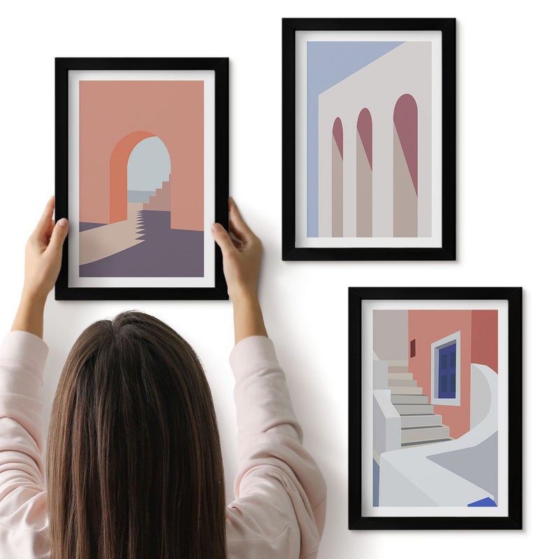 Galeria ścienna 3-częściowy komplet obrazów w czarnych ramach - Ilustracje architektury miejskiej styl minimalistyczny - ArtPrintCave