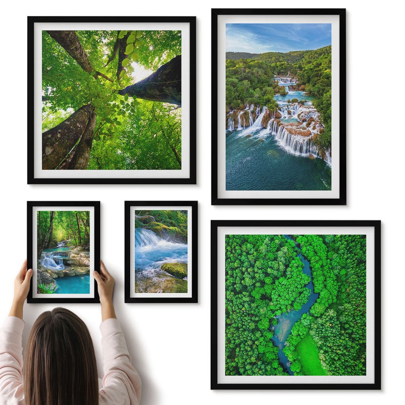 Galeria ścienna 5-częściowy komplet obrazów w czarnych ramach - Naturalne wodospady i zielone krajobrazy przyrody - ArtPrintCave