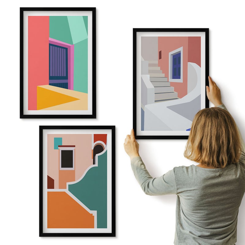 Galeria ścienna 3-częściowy komplet obrazów w czarnych ramach - Kolorowe ilustracje budynków w stylu nowoczesnym - ArtPrintCave