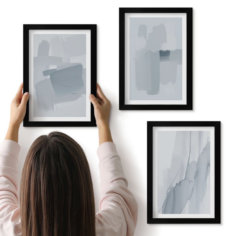 Galeria ścienna 3-częściowy komplet obrazów w czarnych ramach - Abstrakcyjne kompozycje w akwarelowym stylu - ArtPrintCave