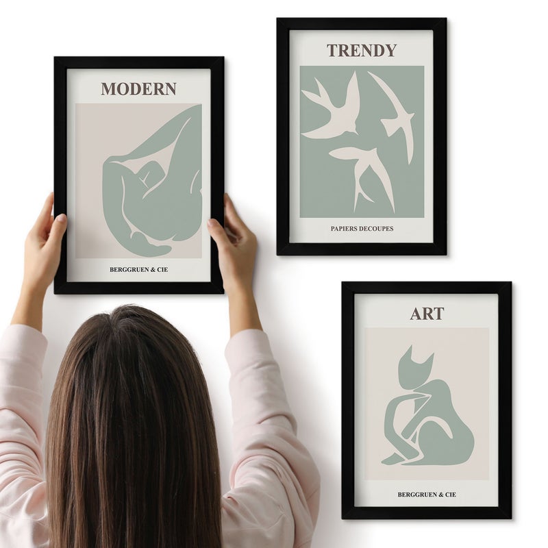 Galeria ścienna 3-częściowy komplet obrazów w czarnych ramach - Henri Matisse abstrakcyjne figury w stonowanej kolorystyce - ArtPrintCave