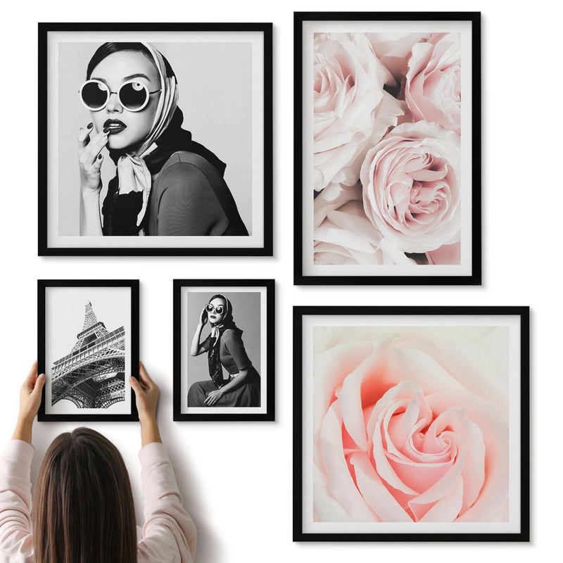 Galeria ścienna 5-częściowy komplet obrazów w czarnych ramach - Stylowe portrety i romantyczne róże w eleganckim wydaniu - ArtPrintCave