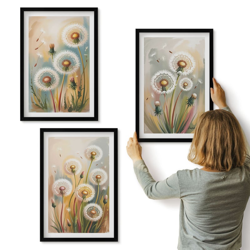 Galeria ścienna 3-częściowy komplet obrazów w czarnych ramach - Kwiaty dmuchawców na tle pastelowych traw - ArtPrintCave