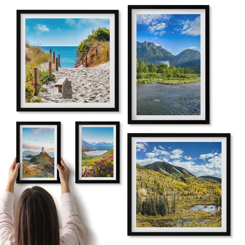 Galeria ścienna 5-częściowy komplet obrazów w czarnych ramach - Krajobrazy natury z górskimi widokami i plażami - ArtPrintCave