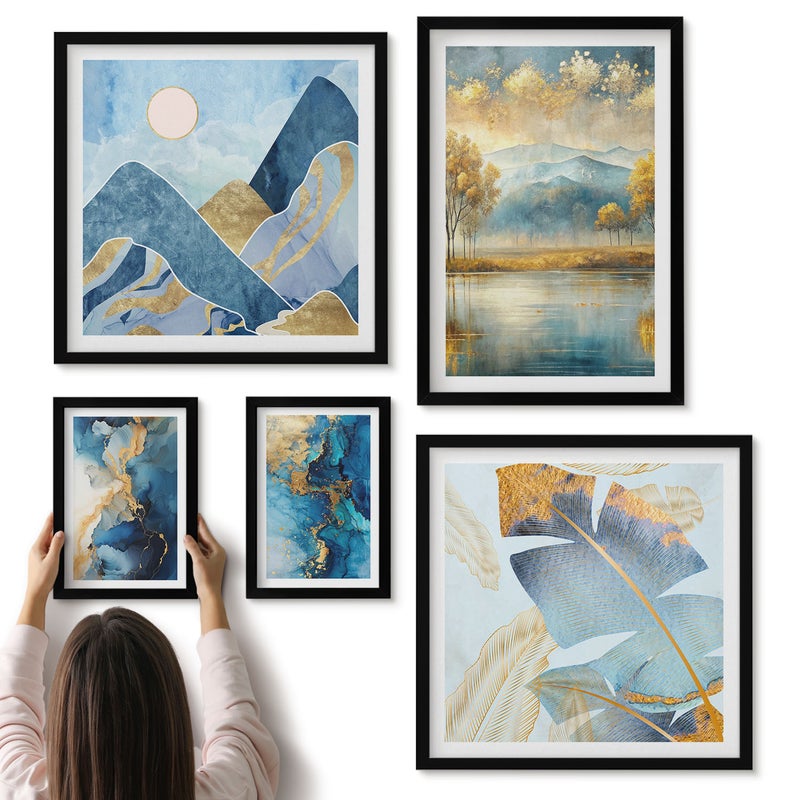 Galeria ścienna 5-częściowy komplet obrazów w czarnych ramach - Stylowe pejzaże górskie z akcentami roślinnymi - ArtPrintCave