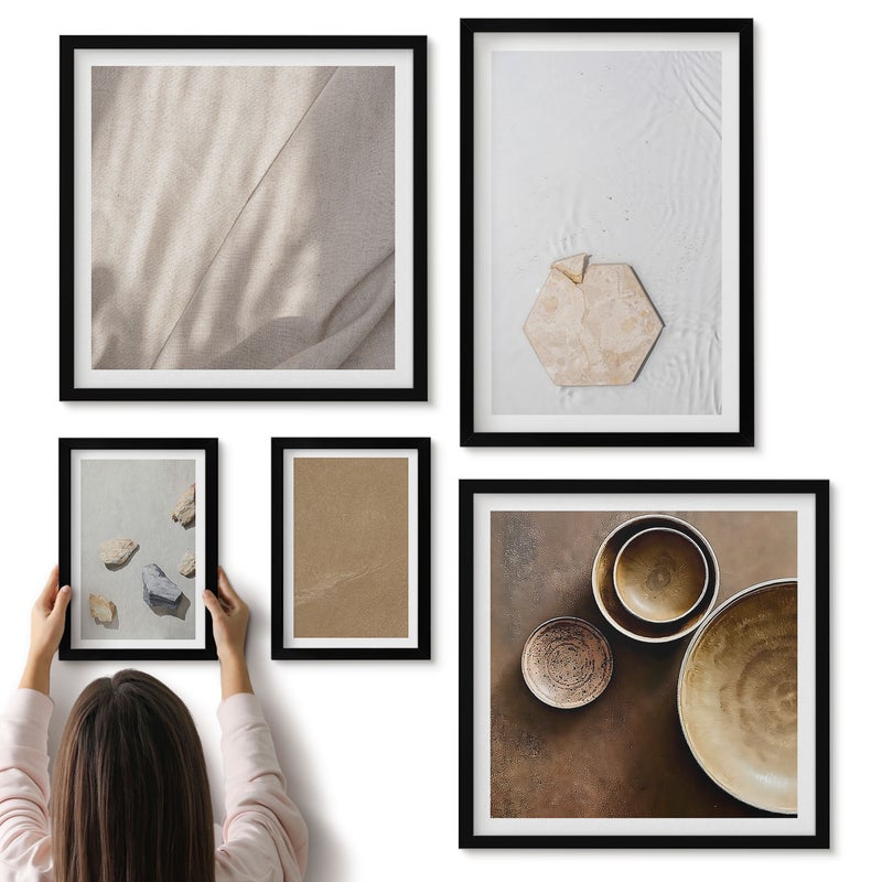 Galeria ścienna 5-częściowy komplet obrazów w czarnych ramach - Minimalistyczne tekstury w ciepłych kolorach - ArtPrintCave