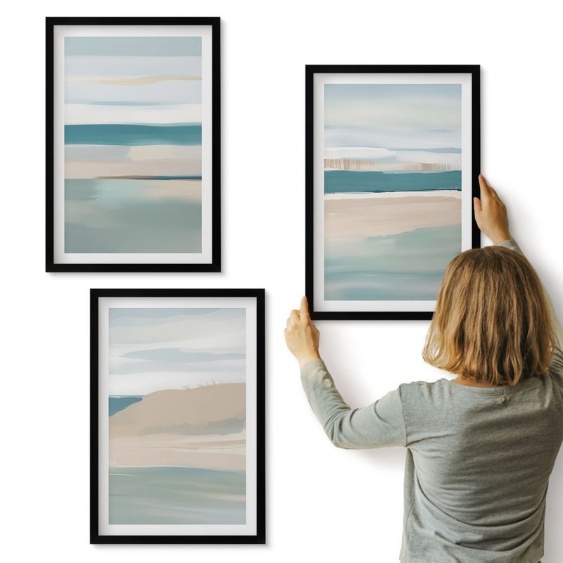 Galeria ścienna 3-częściowy komplet obrazów w czarnych ramach - Abstrakcyjne pejzaże w odcieniach niebieskiego i beżu - ArtPrintCave