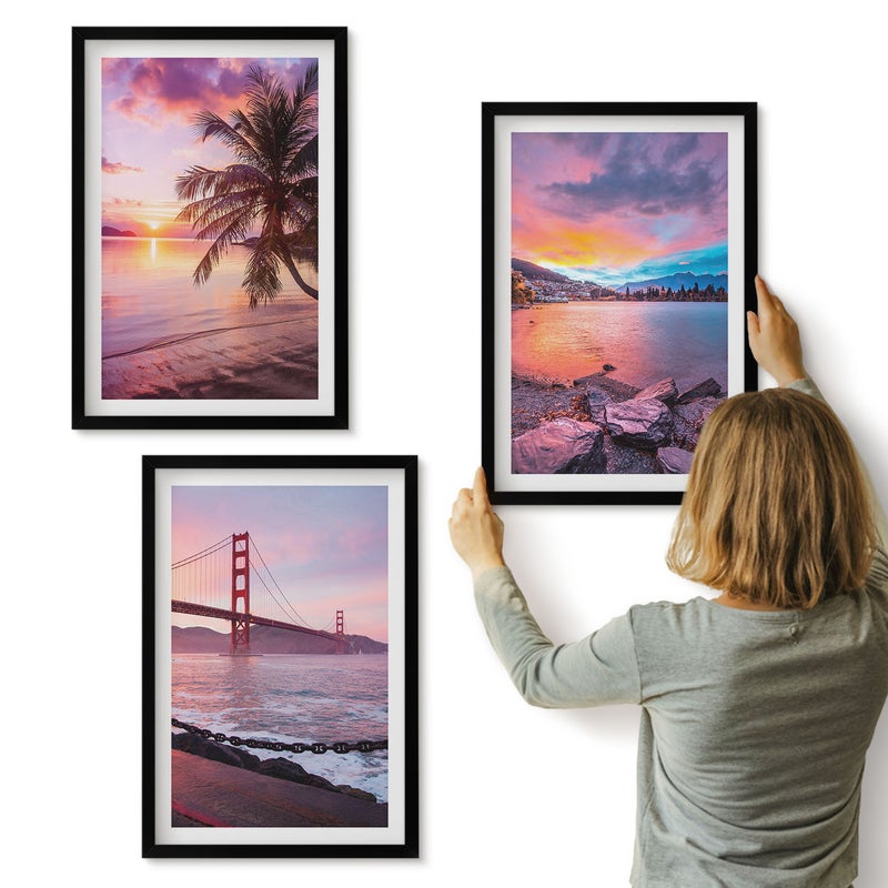 Galeria ścienna 3-częściowy komplet obrazów w czarnych ramach - Zachody słońca nad mostem i krajobrazem wodnym - ArtPrintCave
