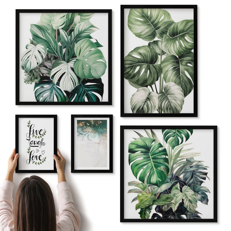 Galeria ścienna 5-częściowy komplet obrazów w czarnych ramach - Roślinne motywy z inspirującymi cytatami i abstrakcją - ArtPrintCave