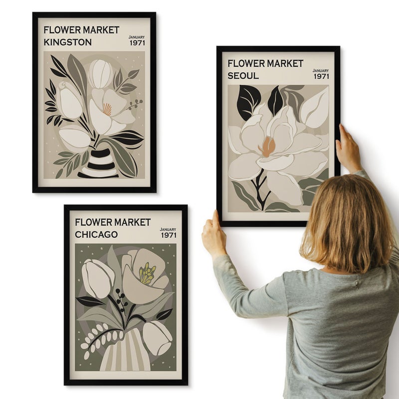 Galeria ścienna 3-częściowy komplet obrazów w czarnych ramach - Kwiaty z rynków Kingston Chicago i Seulu w stylu retro - ArtPrintCave